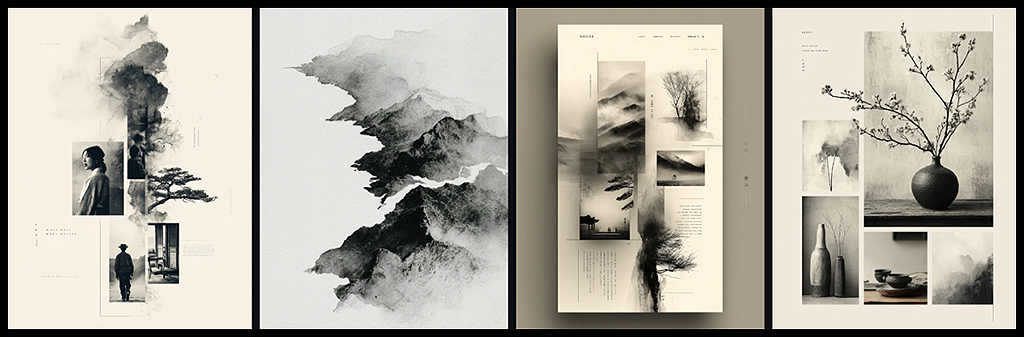 한국 전통 수묵화의 여백을 모티프로 한 미니멀한 브랜드 웹페이지와 패키지 디자인 시안_Midjourney