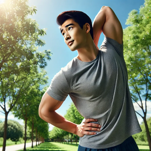 허리 회복을 위해 야외에서 부드럽게 스트레칭하는 동양인 남성