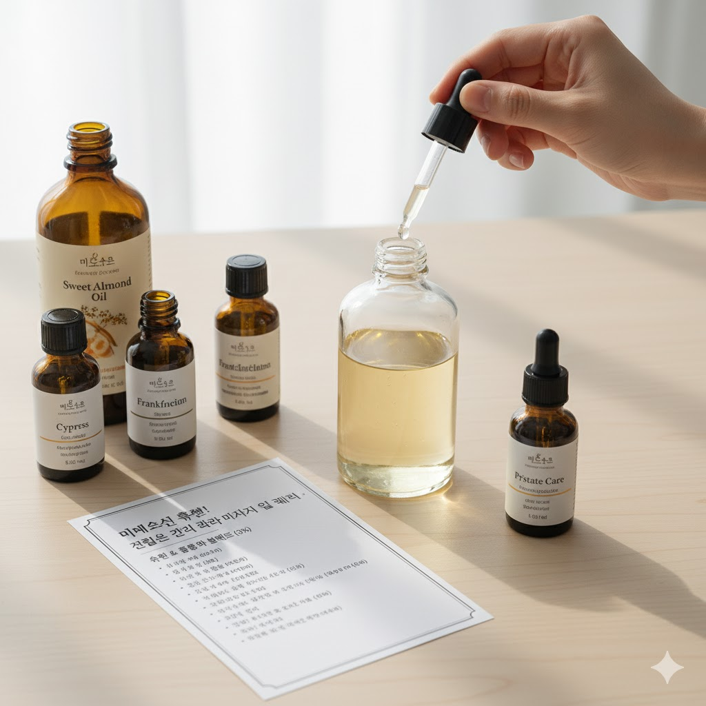 깨끗하고 소독된 유리 용기(블렌딩 병)에 스포이드로 에센셜 오일을 떨어뜨려 베이스 오일과 섞는 모습. 레시피에 필요한 호호바 오일, 스위트 아몬드 오일 병과 함께, 블렌딩된 오일이 담긴 완제품 병이 옆에 놓여 있습니다.