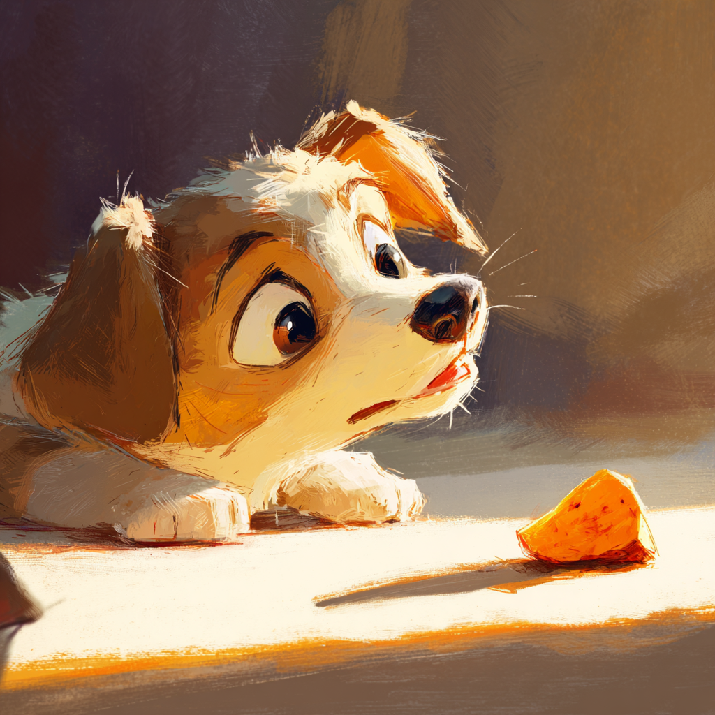 고구마조각을 바라보는 강아지 픽사스타일이미지