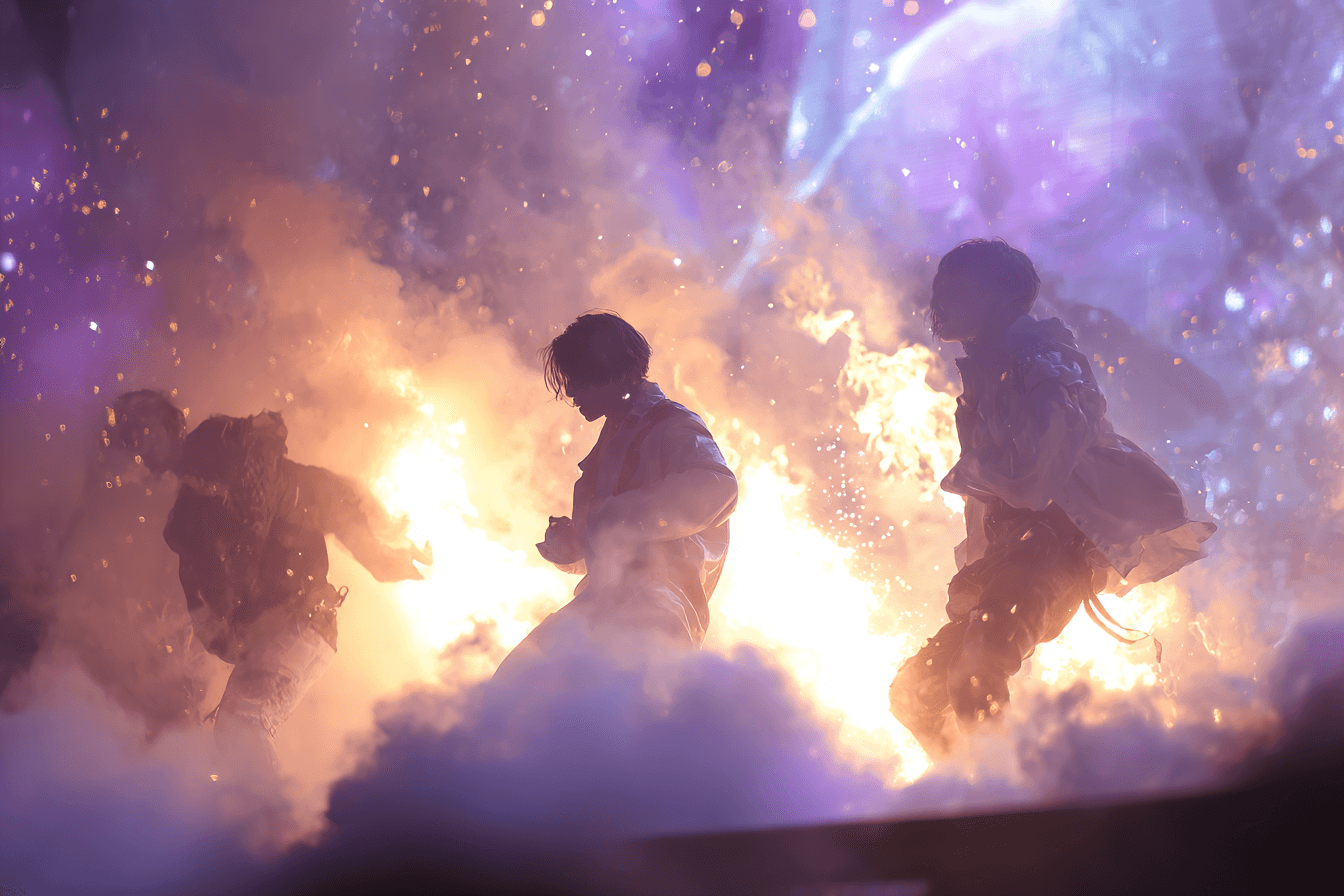 폭발적인-무대-연출과-춤을-추고-있는-남성-아이돌-그룹