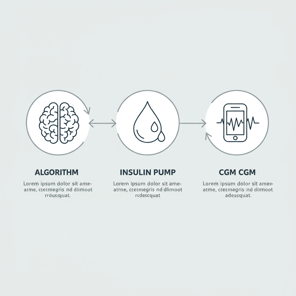 연속혈당측정기, 인슐린 펌프, 제어 알고리즘 세 가지 요소가 서로 연결되어 작동하는 인공 췌장 시스템의 원리를 보여주는 다이어그램.