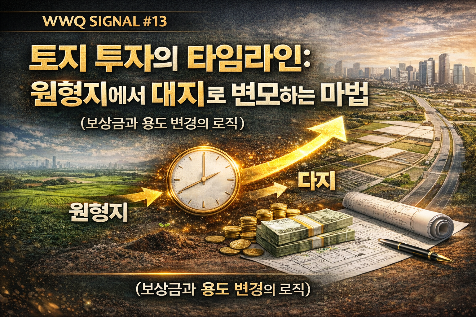 WWQ SIGNAL 13 토지 투자의 타임라인 원형지에서 대지로 변모하는 과정과 보상금 및 용도 변경의 로직을 설명하는 썸네일 이미지