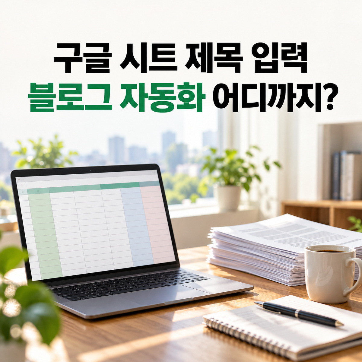 구글 시트 작업 화면이 열린 노트북과 블로그 자동화 주제가 표시된 책상