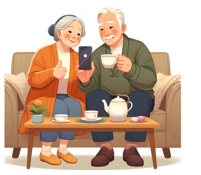 스마트폰으로 영상 통화 중인 노부부 이미지