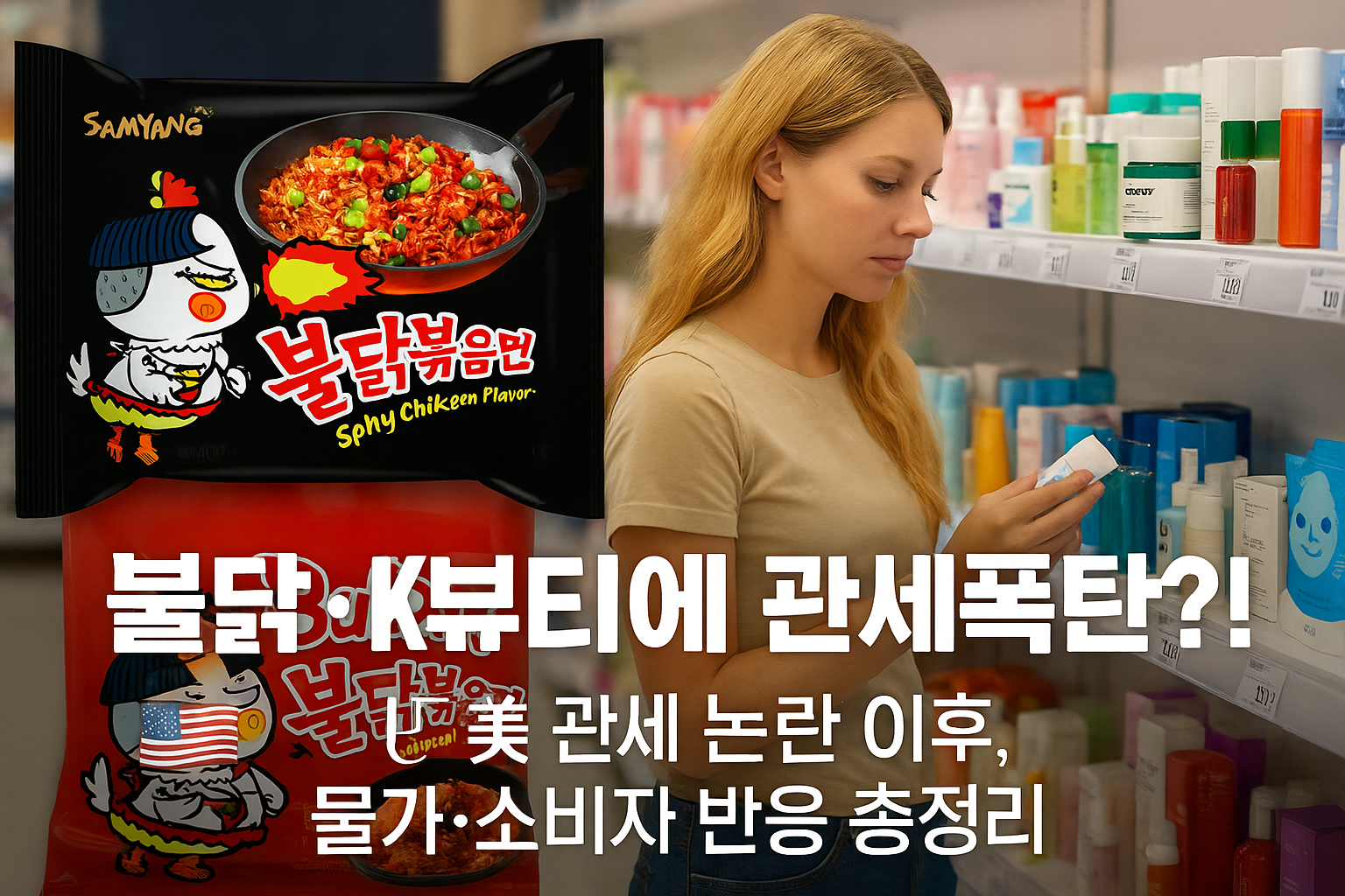 불닭면 매대와 K화장품 매대에서 상품을 구매하는 여성 모습을 배경으로 텍스트는 불닭, K뷰티에 관세폭탄?!이라 표현한 일러스트