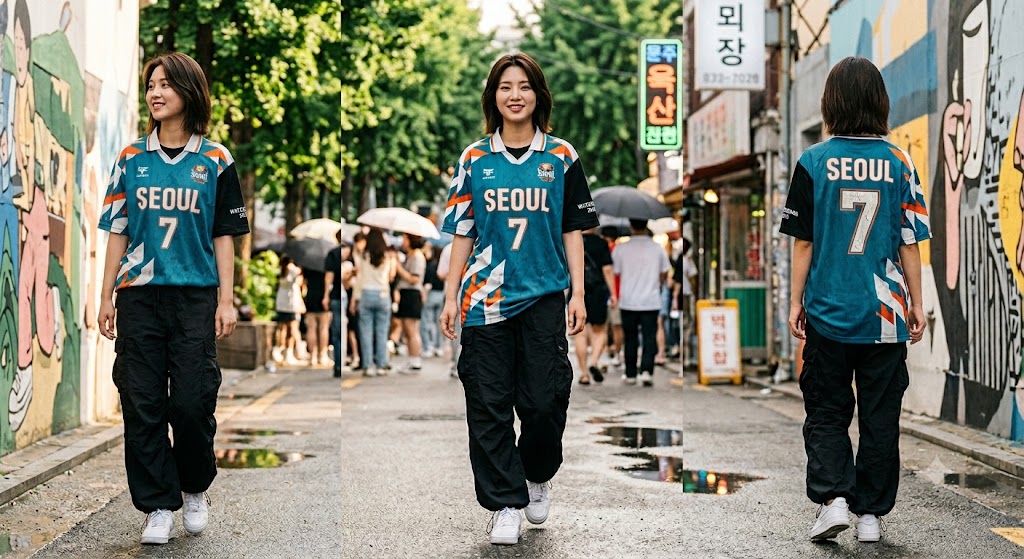 빈티지한 오버핏 축구 유니폼에 블랙 나일론 카고 팬츠를 매치한 스트릿 OOTD 컷