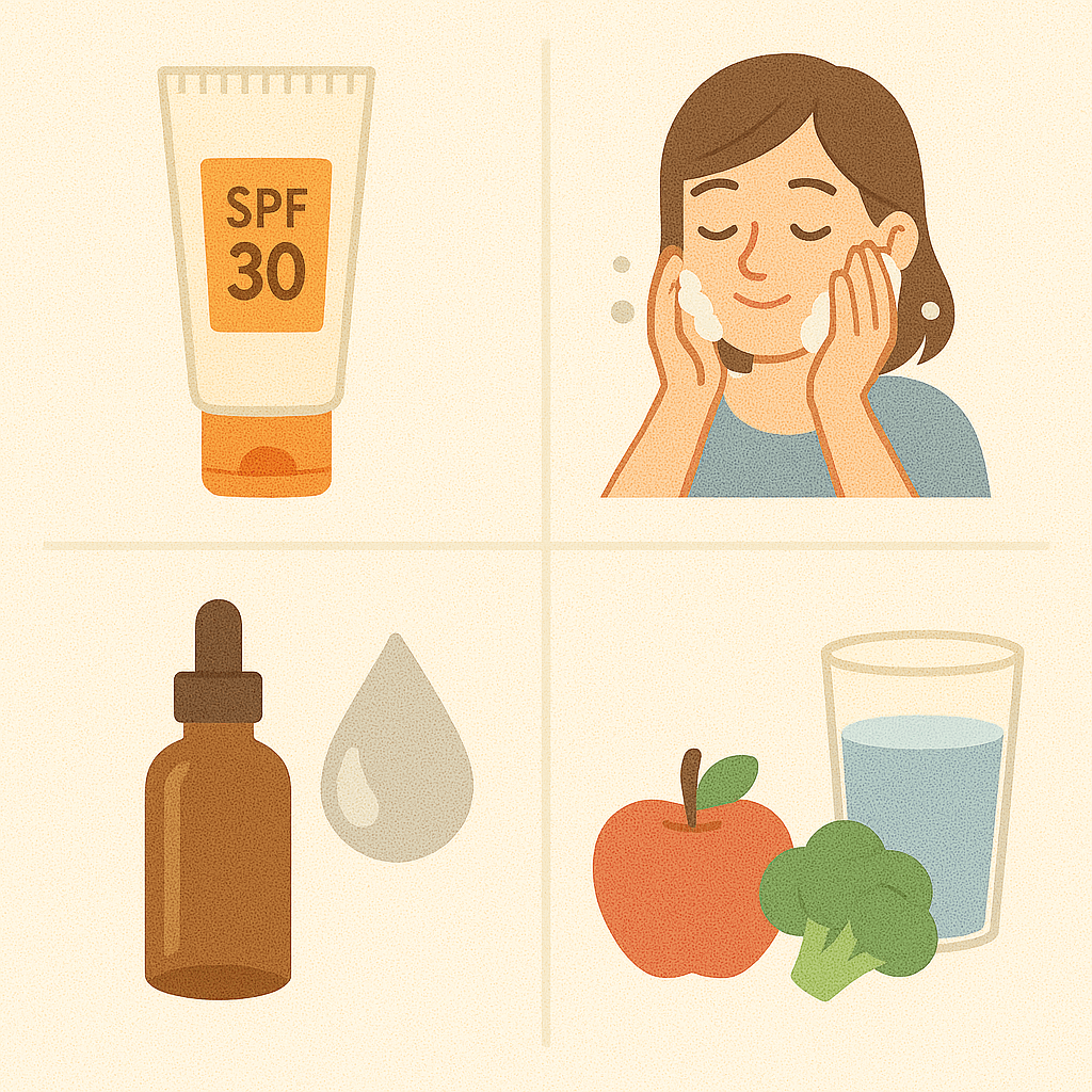 SPF30 이상 브로드 스펙트럼 선크림 꾸준히 바르기
땀을 빠르게 제거하고 약산성 제품으로 세안하기
과다 유분은 억제하지 말고 수분 공급으로 조절하기
식습관 개선과 수분 섭취 늘리기
위 내용을 이미지로 표현한 것