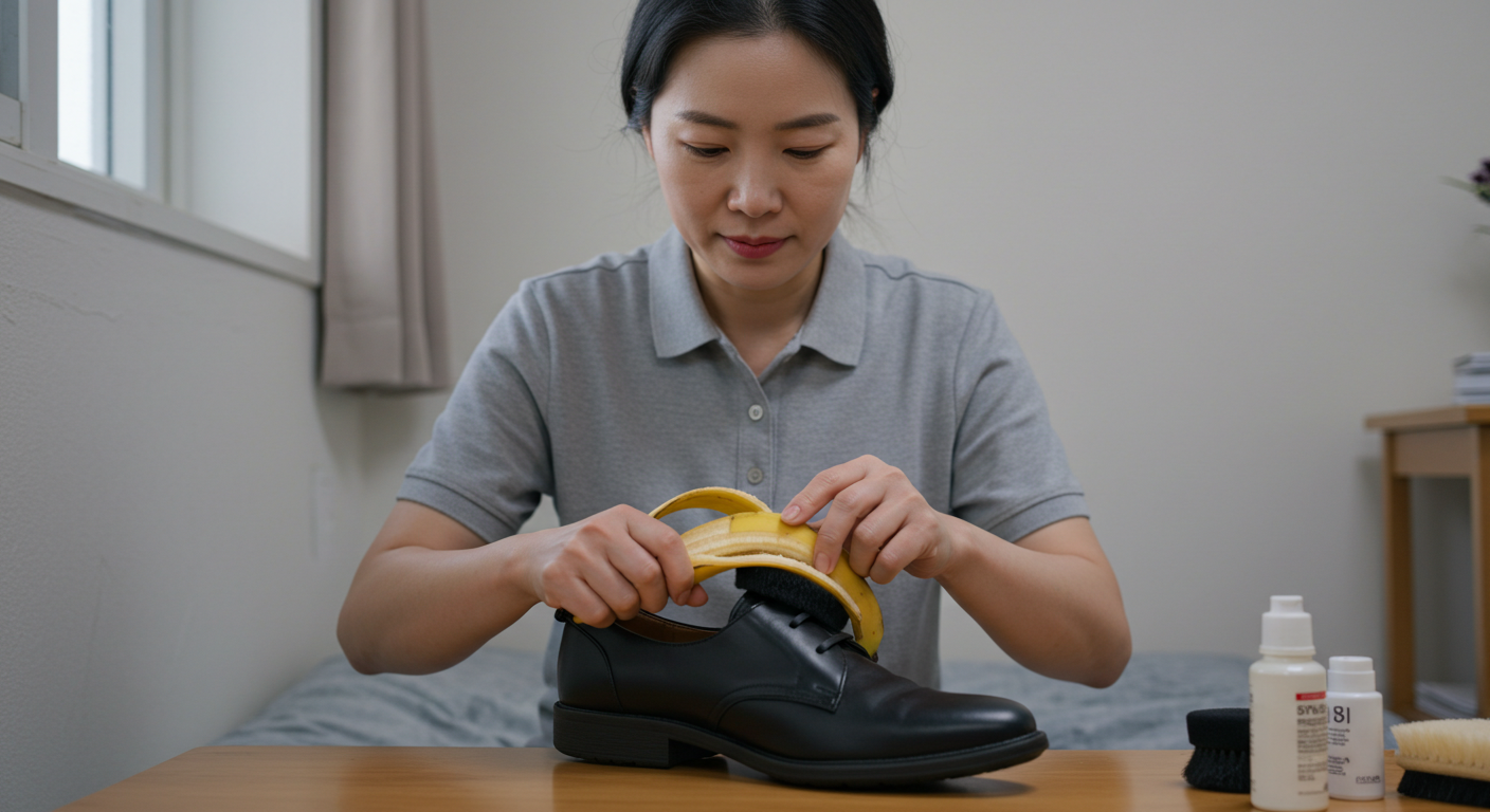 바나나 껍질로 가죽구두 수리하는 여성