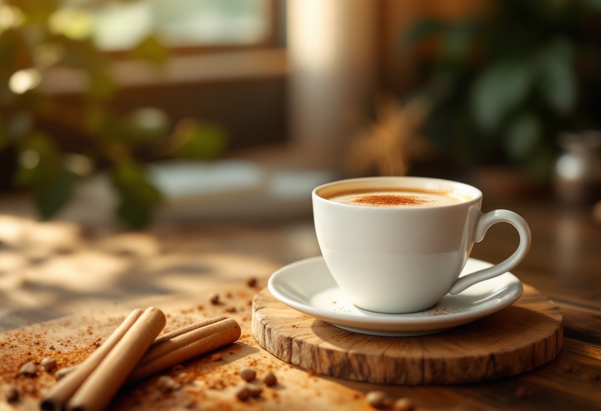 계피 스틱 옆에 계피 가루가 뿌려진 따뜻한 커피 한 잔. 혈당 조절에 도움이 되는 계피를 활용한 커피 습관을 설명하는 이미지