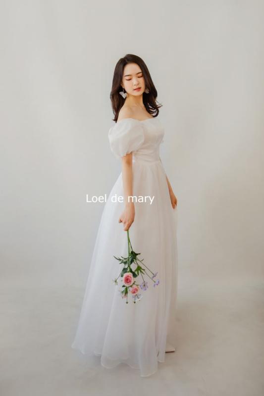 라일라 퍼프 오간자 쉬폰/새틴 오프숄더 브라이덜 야외스튜디오 촬영 셀프 웨딩드레스 (대여/구매)