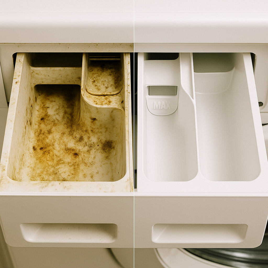 왼쪽은 곰팡이와 누런 찌꺼기가 가득한 세탁기 세제통, 오른쪽은 깨끗하게 세척된 세탁기 세제통의 비교 이미지