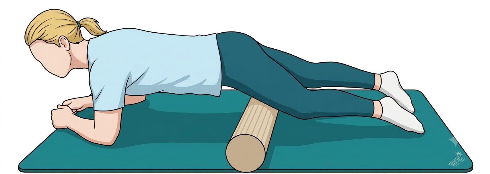 폼롤러로 허벅지 앞쪽을 마사지하는 올바른 자세를 보여주는 이미지
