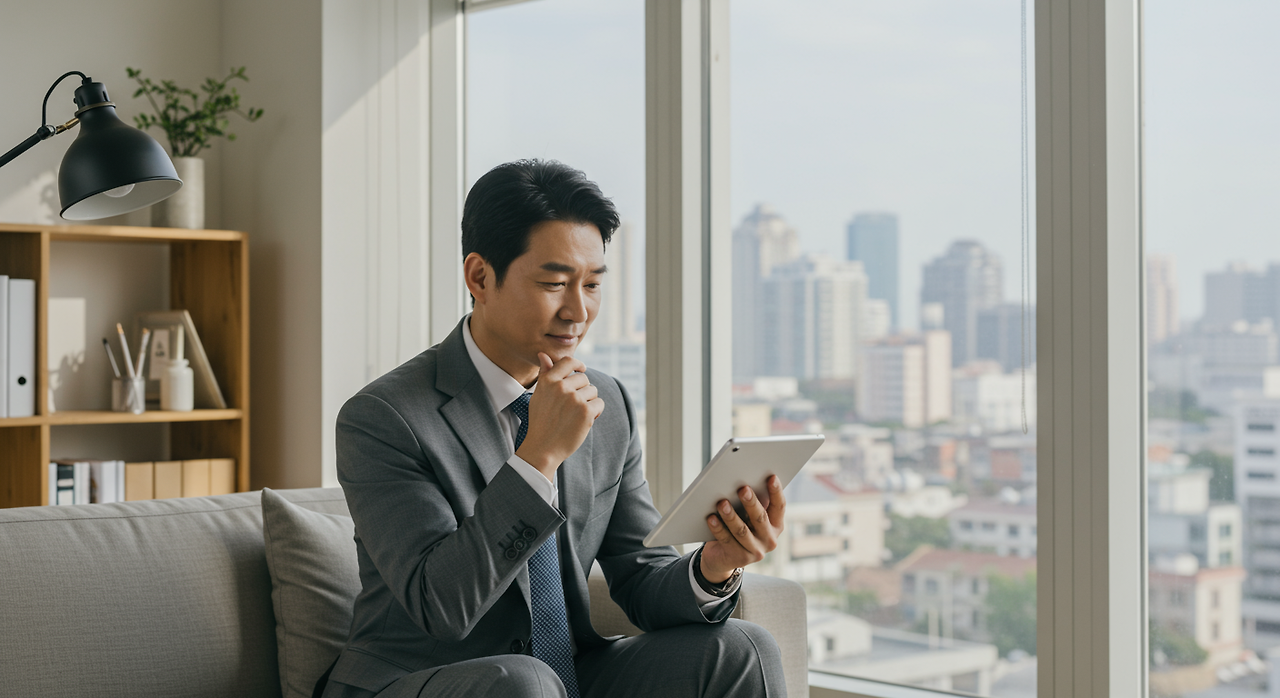 현대적인 홈오피스에서 태블릿으로 포트폴리오를 검토하는 한국 투자자의 사려 깊은 모습