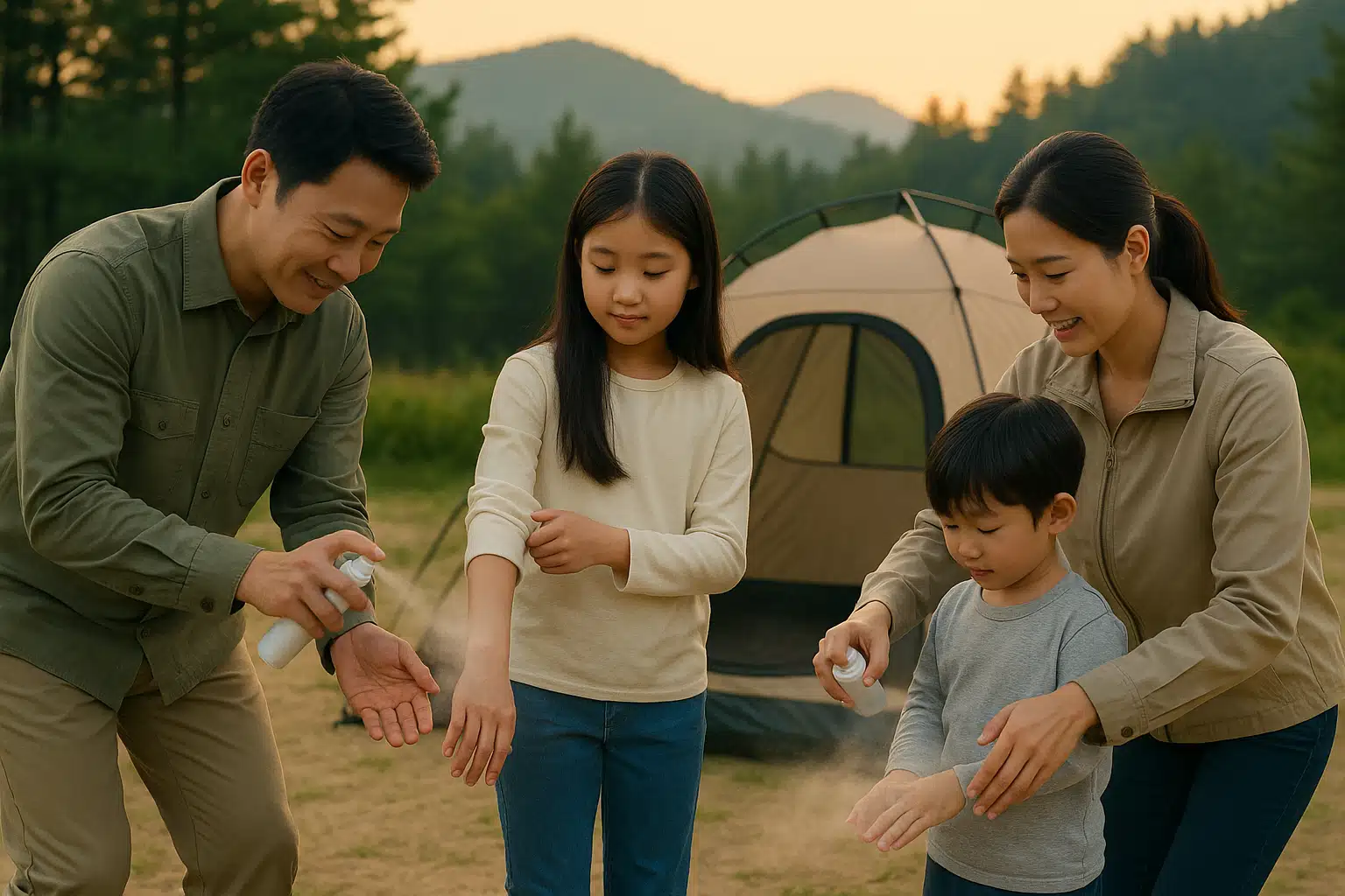 캠핑장에서 긴팔과 긴바지를 착용한 가족, 모기 기피제를 뿌리는 장면, 모기장이 설치된 텐트