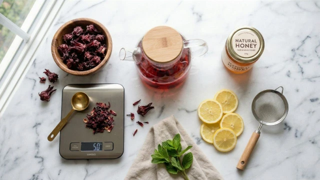 히비스커스차 만들기 준비물 건조 꽃받침 유리 티포트 저울 계량 도구