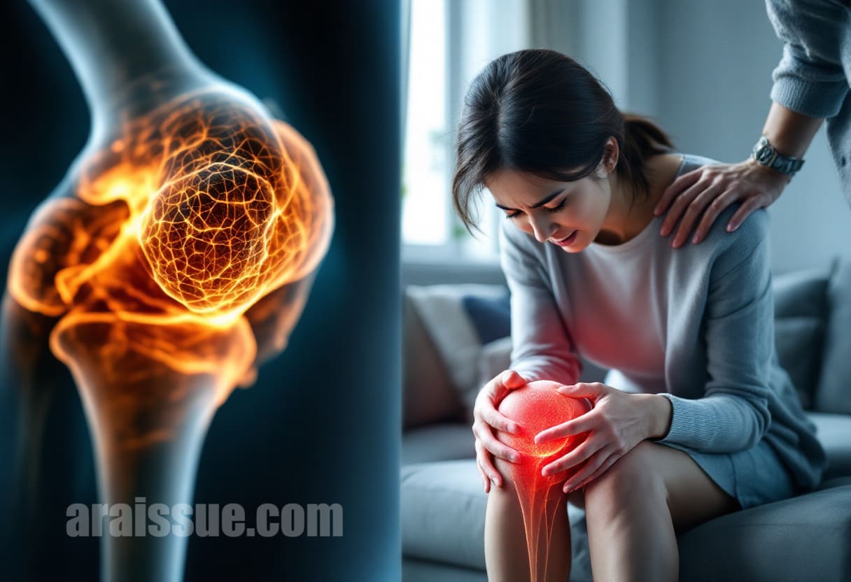 왼쪽에는 골다공증에 의해 약해진 뼈의 X-ray 이미지가 있고, 오른쪽에는 50대 한국 여성이 고통스러운 무릎을 움켜쥐고 있는 모습입니다. 무릎 부위는 빨갛게 표시되어 고통이 퍼져나가는 것을 나타냅니다."