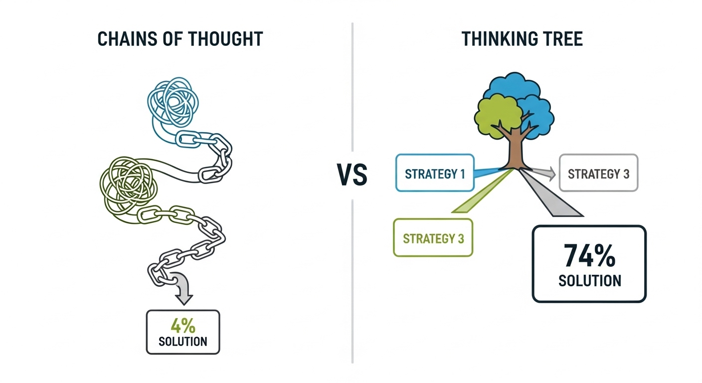 하나의 줄기(생각의 사슬)와 여러 갈래(3개+)로 뻗어 나가며 스스로 가지치기(평가)하는 '생각의 트리' 비교 그림