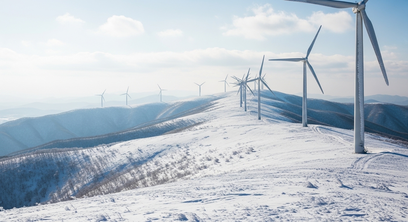 강원 평창 선자령의 겨울 풍경. 눈 덮인 능선 위로 바람개비가 우뚝 솟아있어 평화롭고 웅장한 설경을 연출한다.