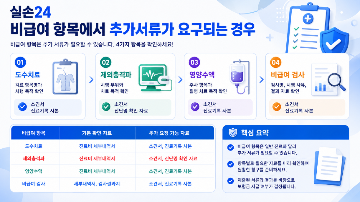 실손24 비급여 항목 청구에서 도수치료, 체외충격파, 영양수액, 비급여 검사별 추가서류 기준을 정리한 인포그래픽