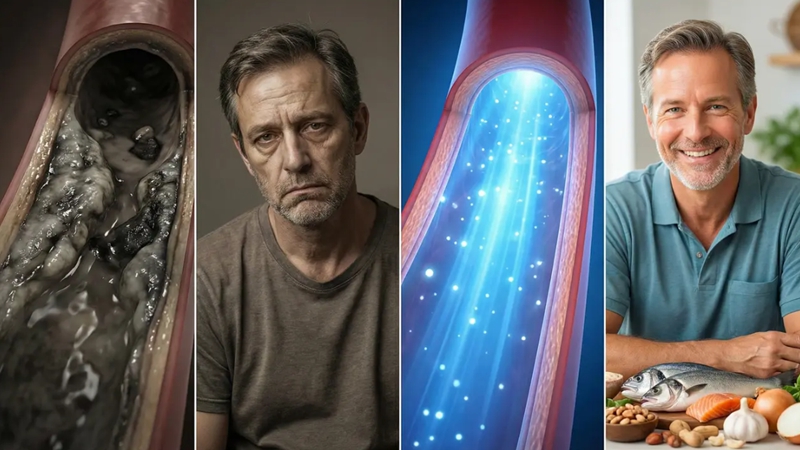 콜레스테롤로 막힌 혈관과 지친 중년 남성이 등푸른생선, 견과류, 마늘/양파 등 자연 식품으로 맑은 혈관과 활력을 되찾는 Before/After 모습. 혈관 청소에 좋은 음식.