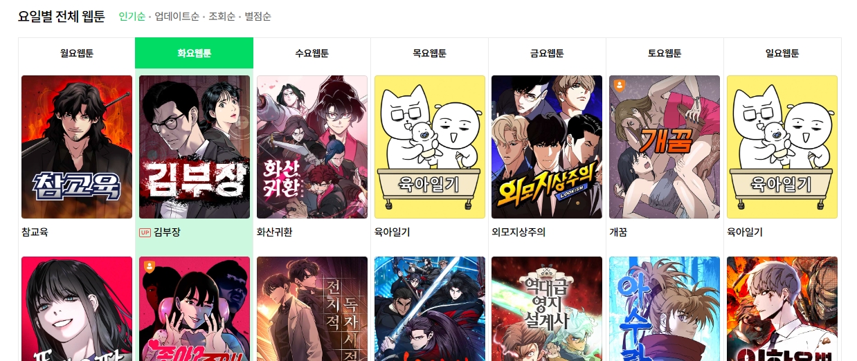 월요일부터 일요일까지 각 요일별로 구분된 웹툰 연재 목록 테이블