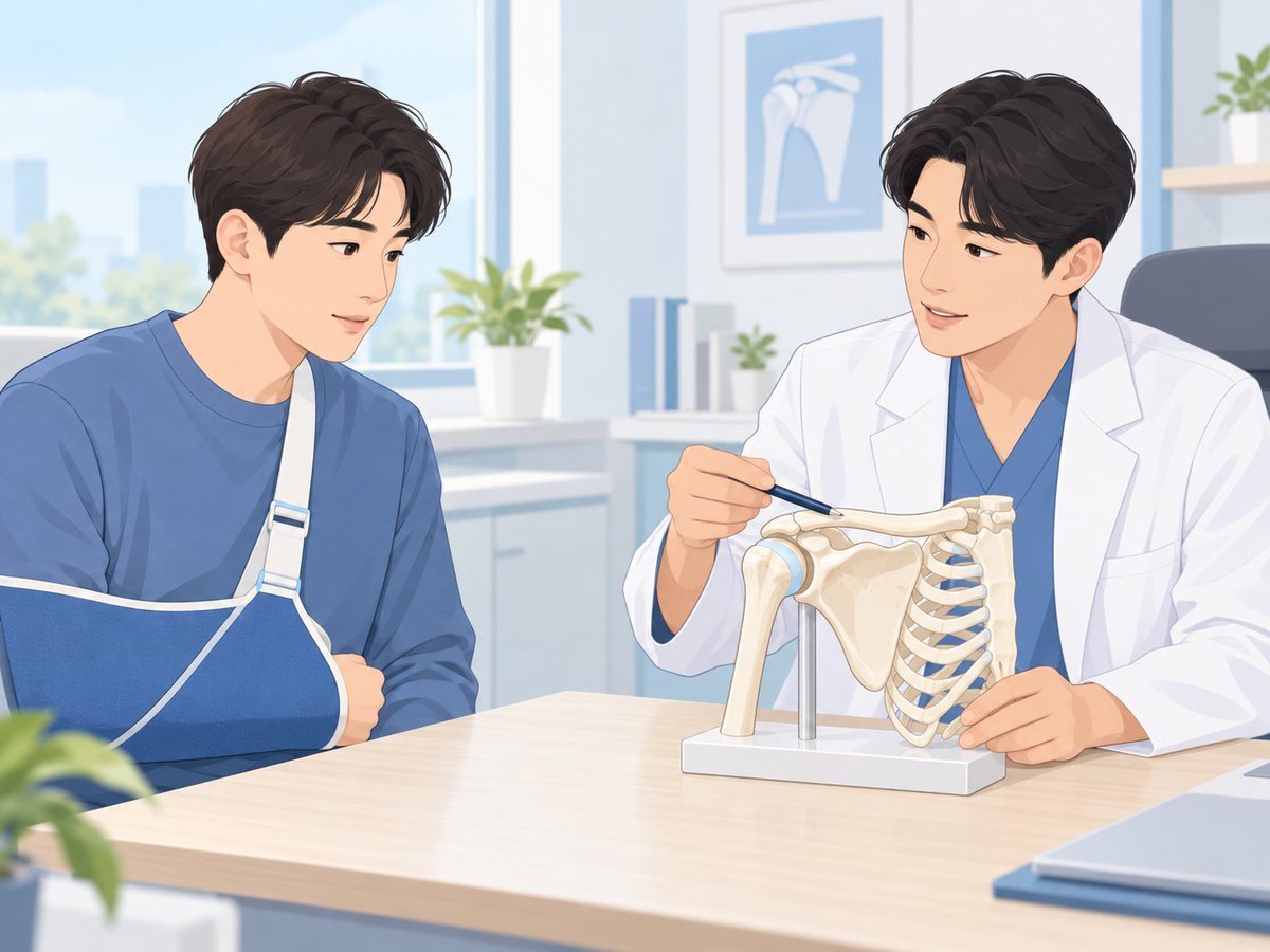 팔걸이를 한 환자에게 의사가 어깨·쇄골 뼈 모형으로 설명하는 장면