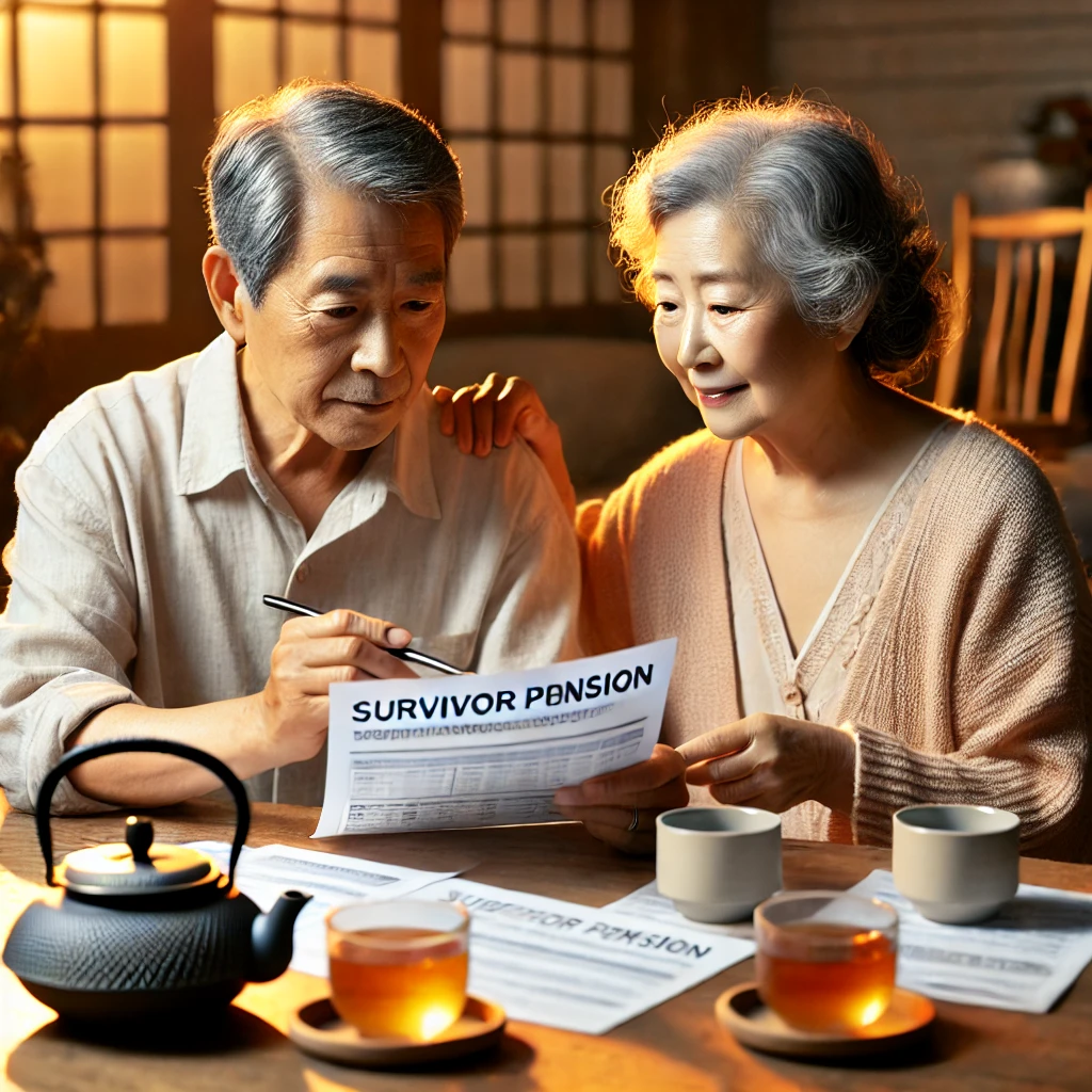 60대 노인부부가 유족연금 수급조건 서류를 같이 확인하고 있다. 