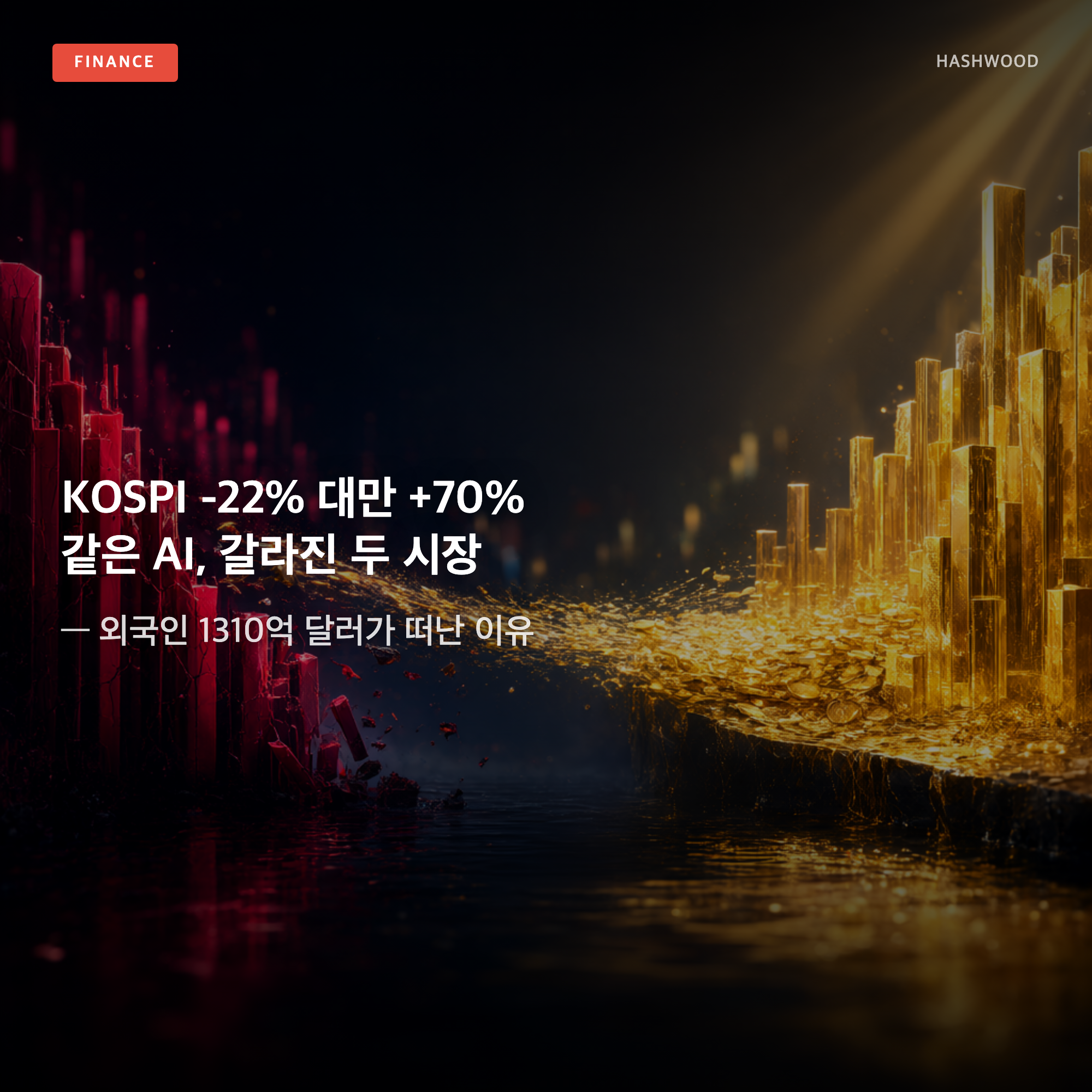 그림: KOSPI -22% 대만 +70% 같은 AI, 갈라진 두 시장 — — 외국인 1310억 달러가 떠난 이유