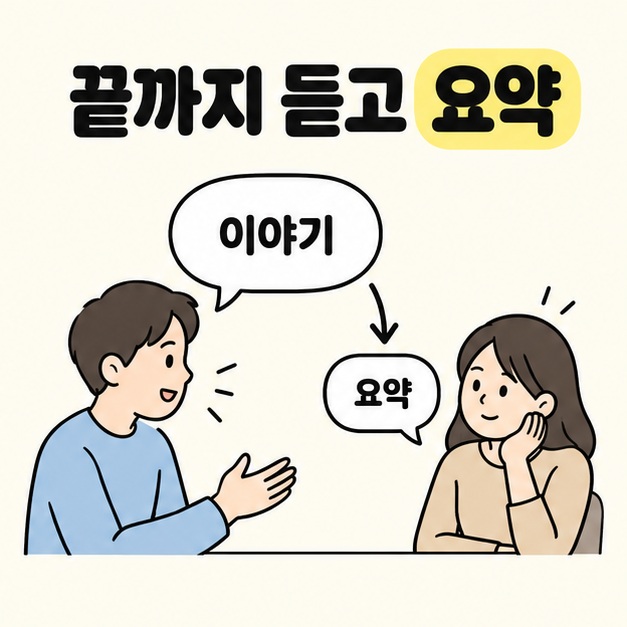 한 사람이 이야기하고 다른 사람이 듣는 모습에 크기가 다른 이야기와 요약 말풍선을 화살표로 연결한 그림
