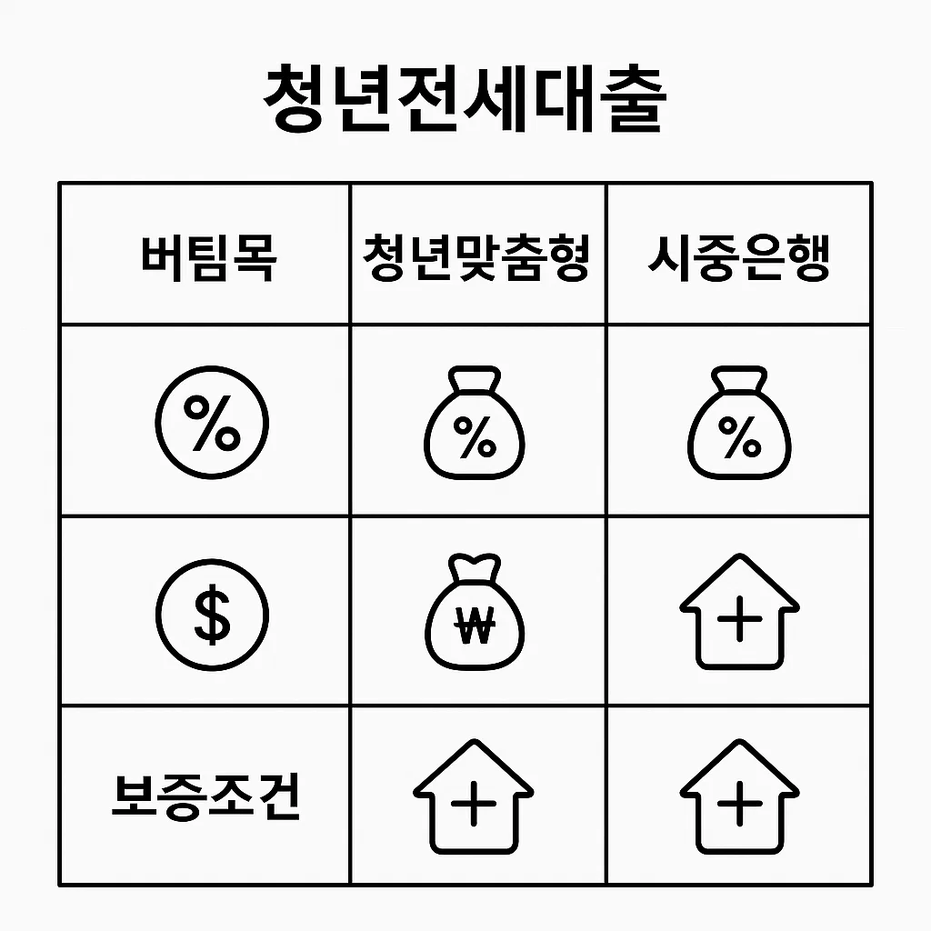 전세대출 금리, 한도, 보증조건을 3개 상품으로 비교한 표형 이미지