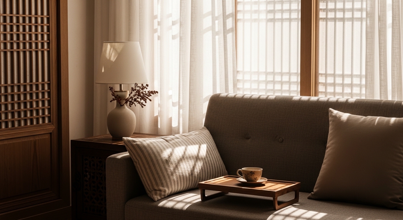 설날 아침 따뜻한 햇살이 비치는 포근한 거실에서 나만의 휴식을 준비하는 평화로운 장면