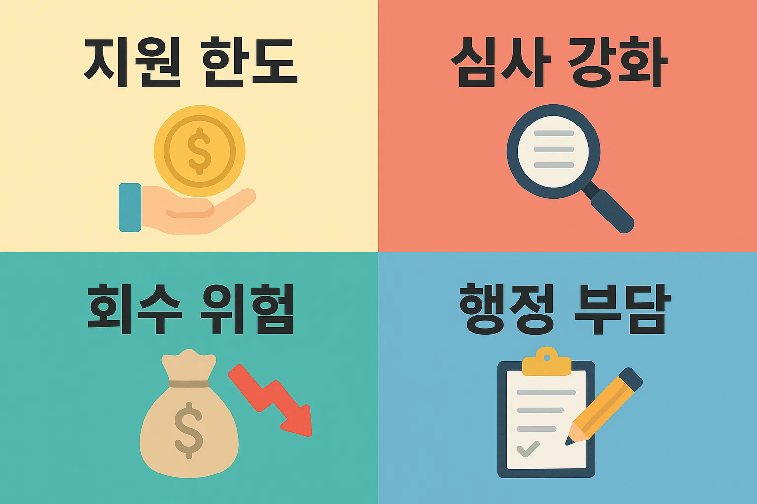 무담보 창업지원금의 지원 한도, 심사 강화, 행정 부담, 회수 위험 등 창업자들이 실제로 직면할 수 있는 문제점을 정리한 인포그래픽 이미지