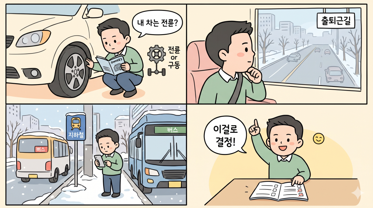 자신의 주행 환경과 차량 특성을 점검하며 확신을 얻는 결론부 4컷 만화