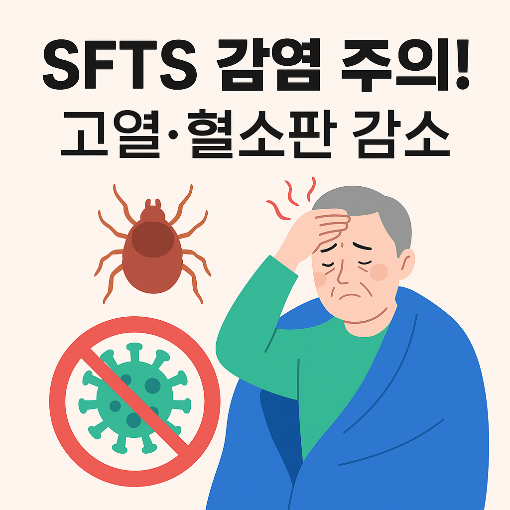 SFTS 중증열성혈소판감소증후군 감염 주의 일러스트 (진드기&middot;고열&middot;혈소판 감소 경고)