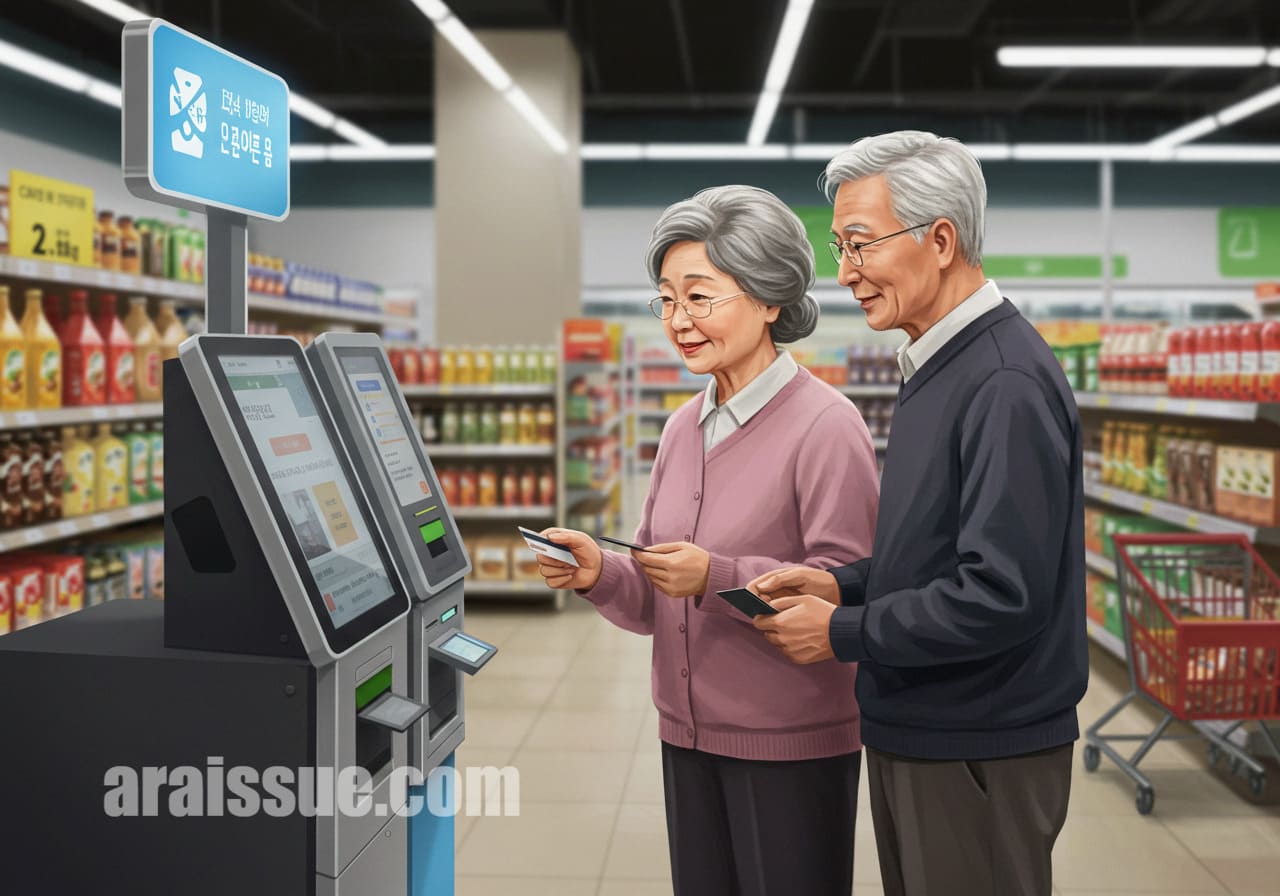 한국의 노부부가 마트의 셀프 계산대에서 전자 바우처 카드 잔액을 확인하는 장면입니다.
세심하고 현실적인 묘사가 특징인 일러스트입니다.