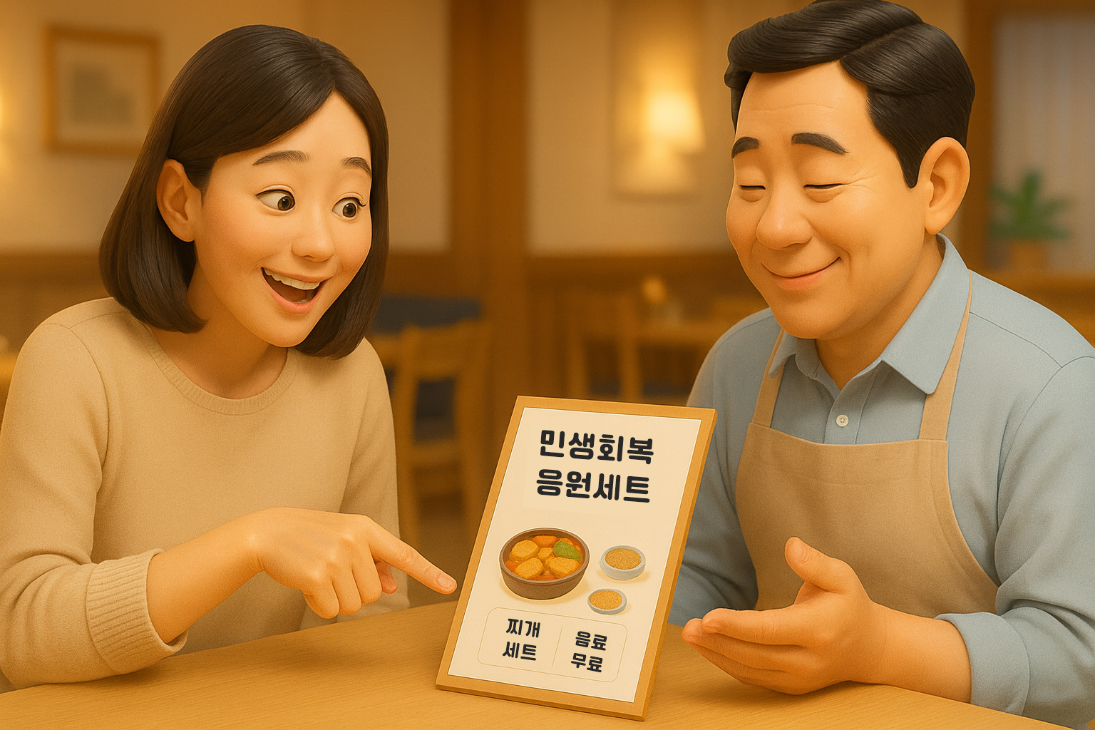 손님이 쿠폰 세트 메뉴를 보고 만족하며 추가 주문을 하는 모습