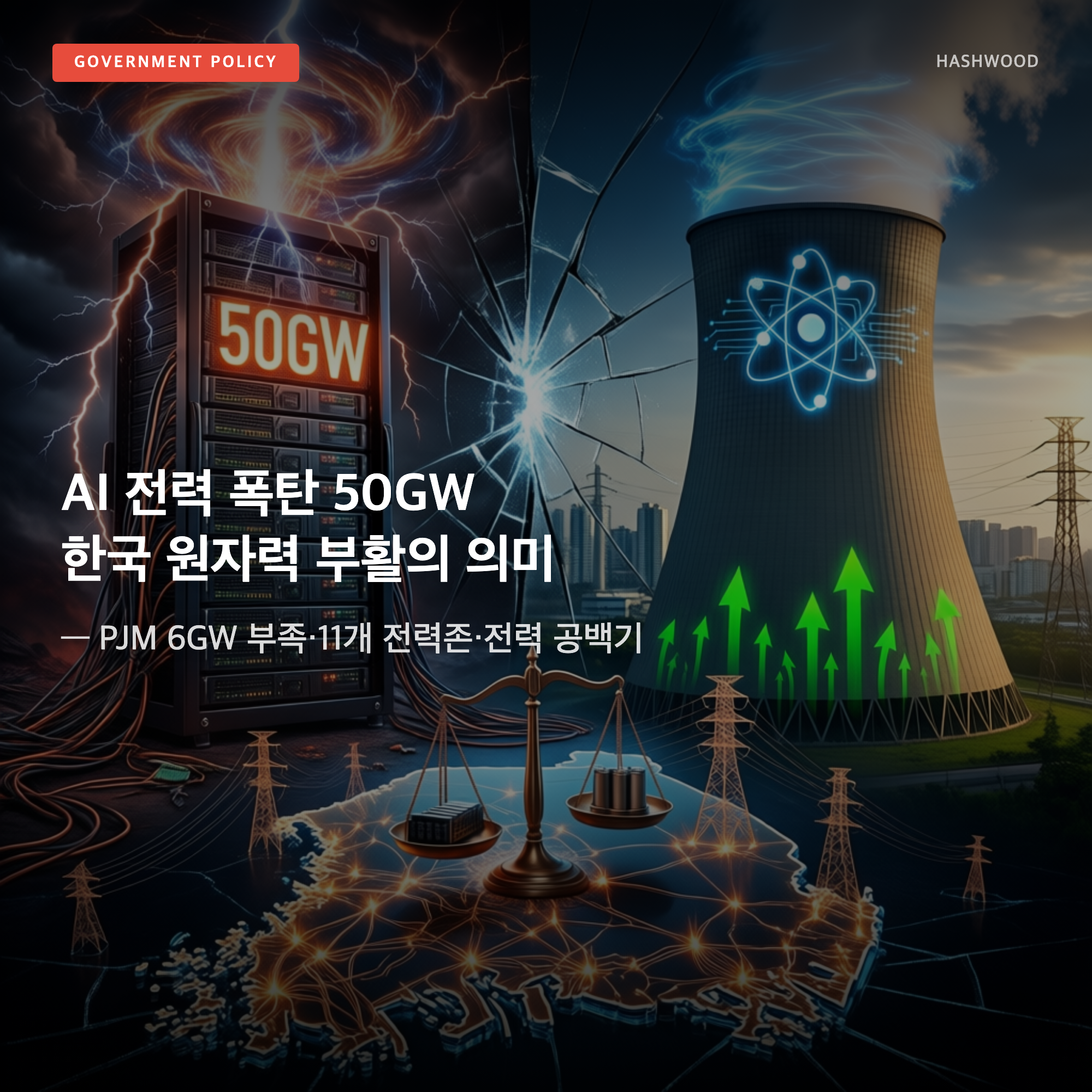 그림: AI 전력 폭탄 50GW 한국 원자력 부활의 의미 — — PJM 6GW 부족·11개 전력존·전력 공백기