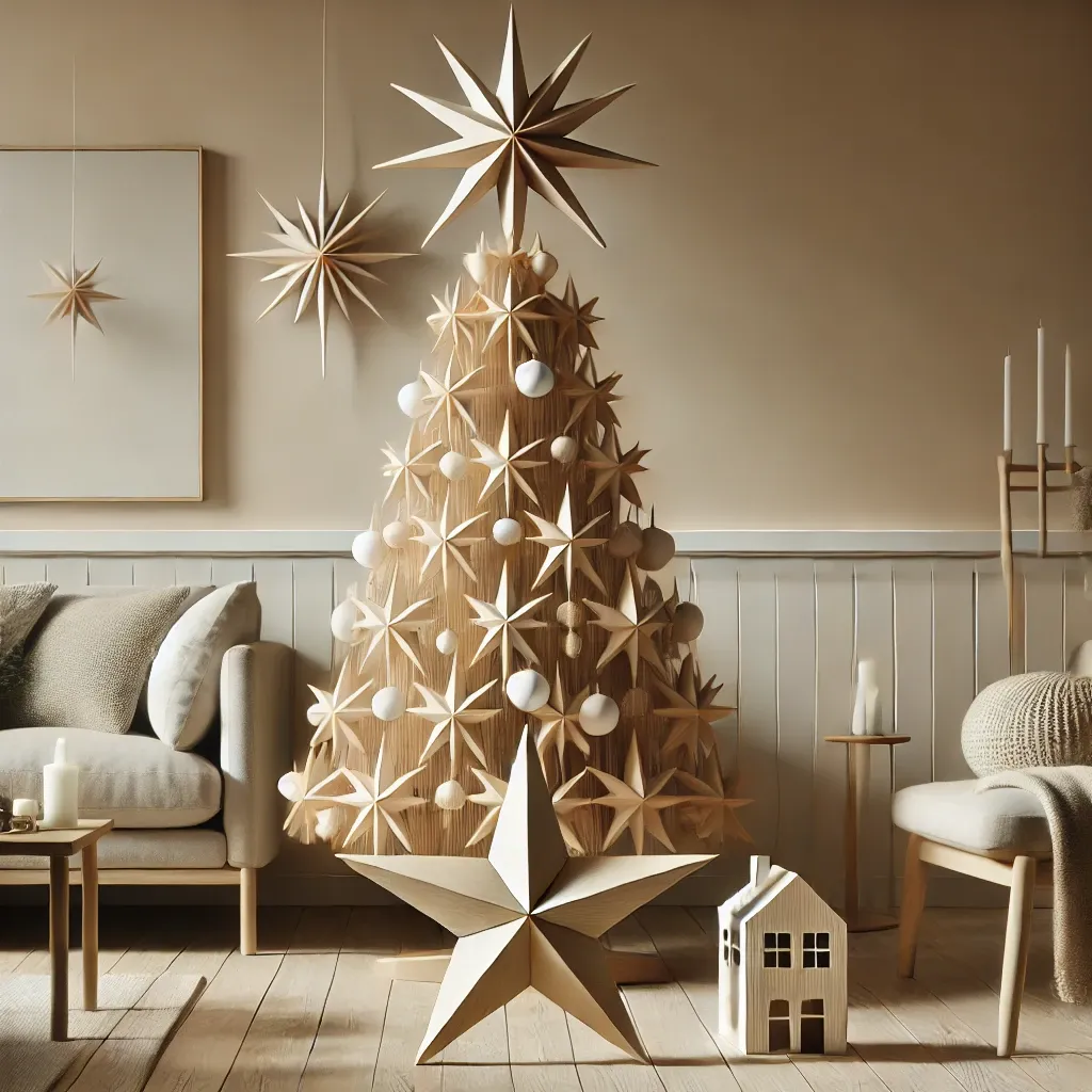 스칸디나비아 스타일 거실에서 장식된 크리스마스 PE트리