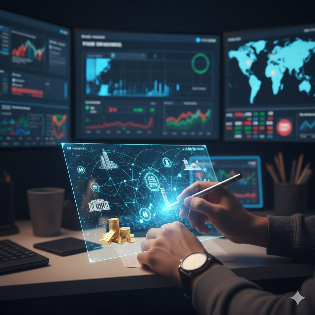 여러 대의 모니터에 세계 지도와 복잡한 금융 데이터 차트가 띄워진 어두운 방 안에서, 한 사용자가 스타일러스 펜으로 반투명한 디지털 스크린을 조작하는 모습. 스크린 위에는 금괴 더미와 증권거래소 아이콘, 그리고 이를 연결하는 온체인 네트워크 노드가 시각화되어 있음.