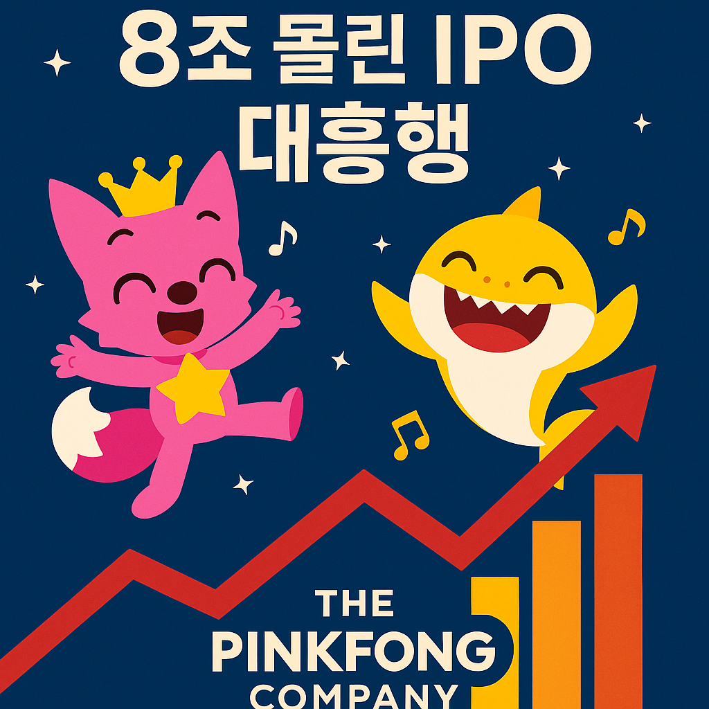 “더핑크퐁컴퍼니 IPO 청약 흥행을 표현한 캐릭터 그래픽”