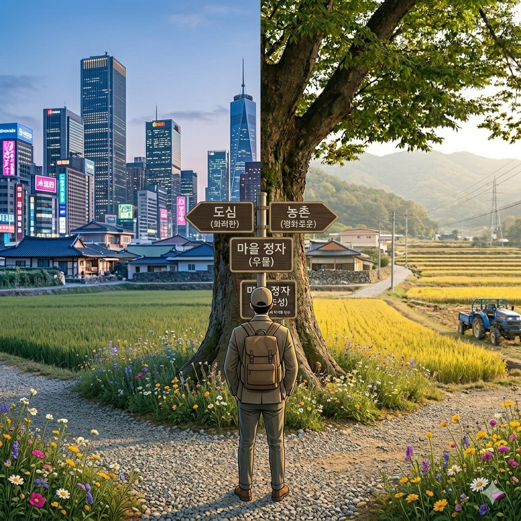 도시의 화려함과 농촌의 한적함 사이에 고민하는 청년의 모습 사진