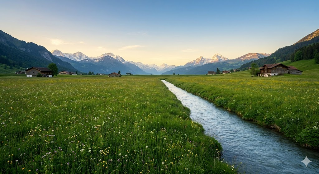평온함을 주는 스위스의 광활한 푸른 초원 풍경 / A tranquil and vast green field landscape of Switzerland.