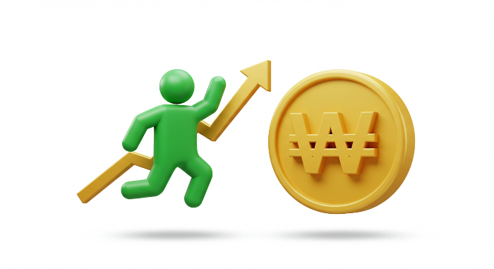 위로 뛰어오르는 인물과 상승 화살표, 돈 기호를 표현한 3D 아이콘