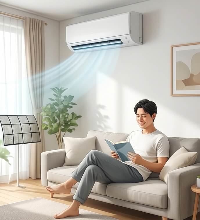 거실에 앉아 시원한 에어컨 바람 맞으며 책 보는중