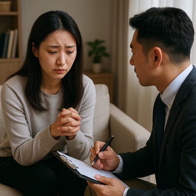 편안한 상담 공간에서 상담사의 이야기를 경청하는 젊은 여성(출처: 자체제작)
