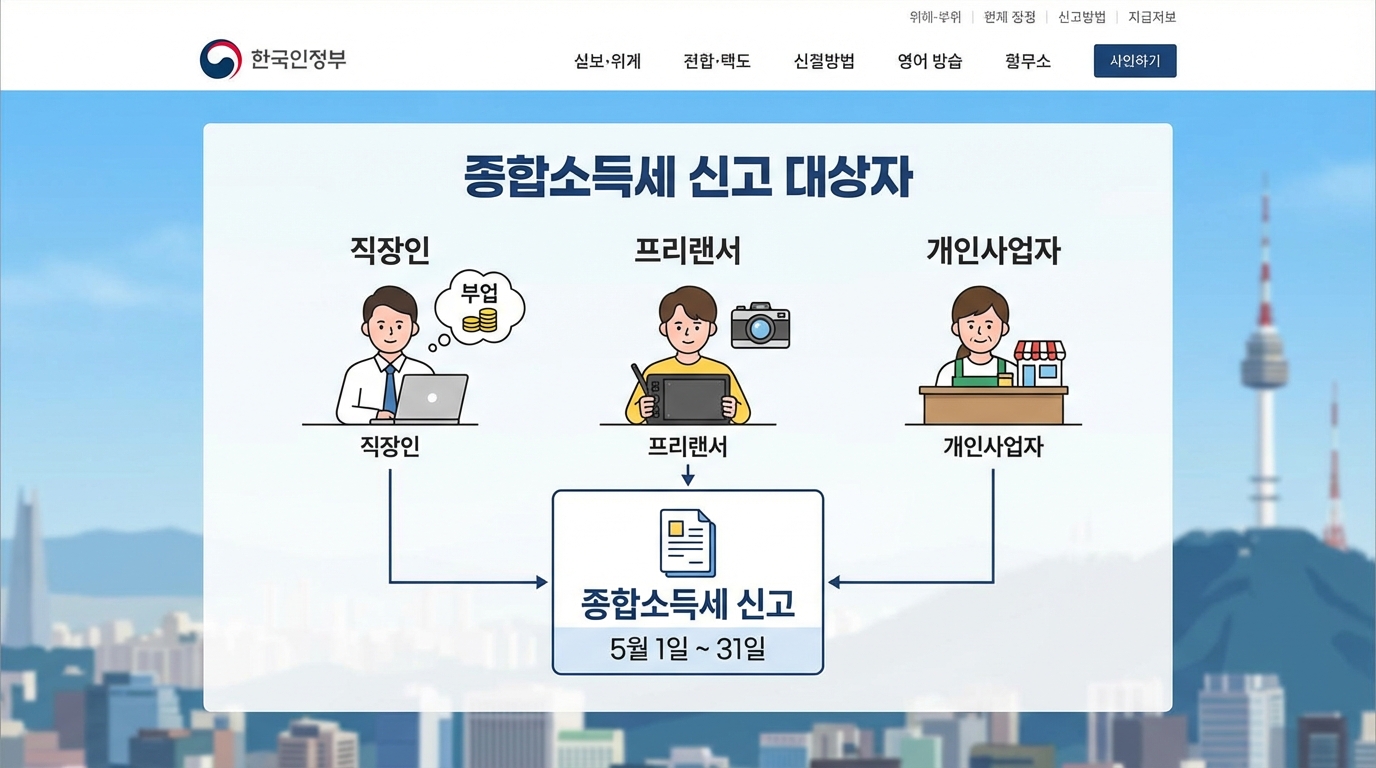 직장인 부업, 프리랜서, 개인사업자 등 종합소득세 신고 대상 유형 시각화