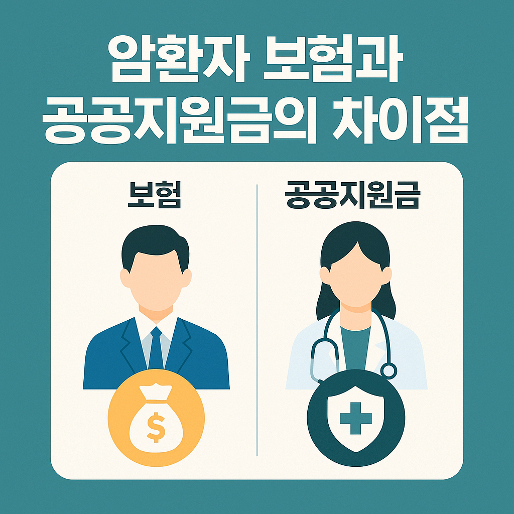 암환자 보험과 공공지원금의 차이점을 시각적으로 비교한 인포그래픽. 왼쪽은 돈 자루 아이콘과 정장을 입은 남성이 보험을 상징하며, 오른쪽은 청진기를 착용한 여성 의사와 보호 방패 아이콘이 공공지원금을 나타냄