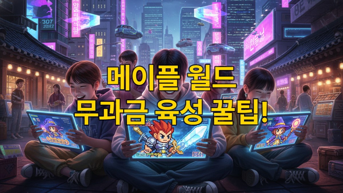 2026년 한국 젊은이들이 메이플랜드와 메이플 플래닛을 즐기는 모습. 게임 화면 속 클래식 메이플스토리 캐릭터.