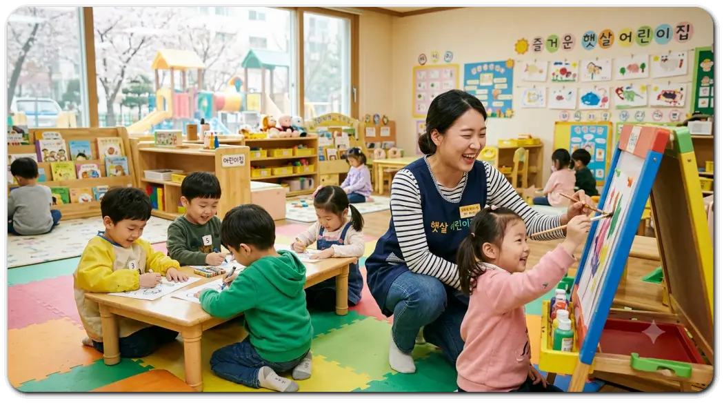 보육교사-자격증을-취득한-교사가-어린이집에서-일하고-있다